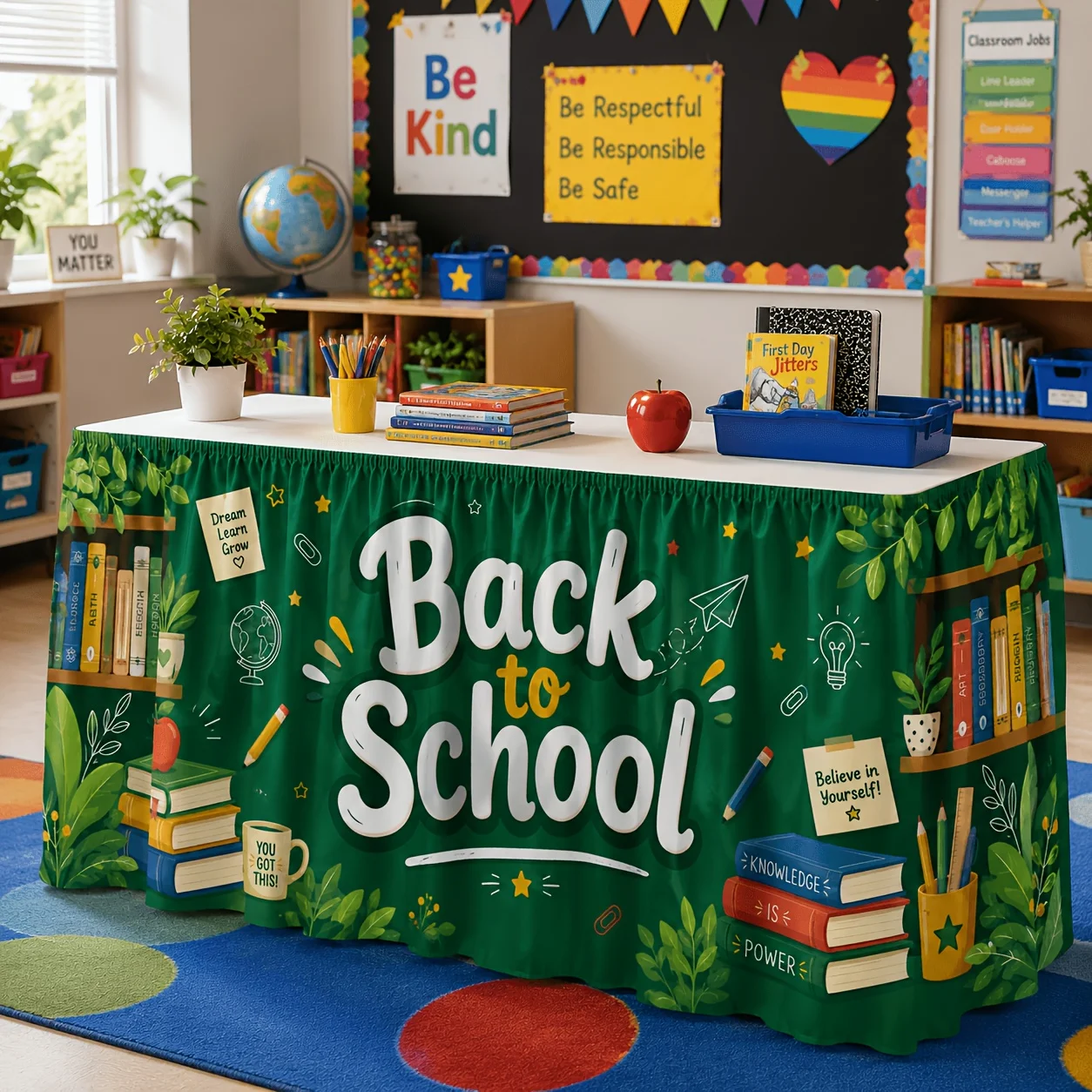 Elements such as apples, pencils, plants, paper planes and bookshelves are suitable for teacher desks and classroom arrangements