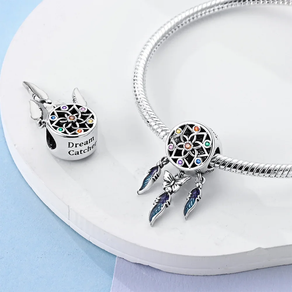 

925 Silver Colored Zircon Feather Butterfly Dream Catcher Beads Charms Pendants Fit Original Bracelets Women Fine Jewelry Gift