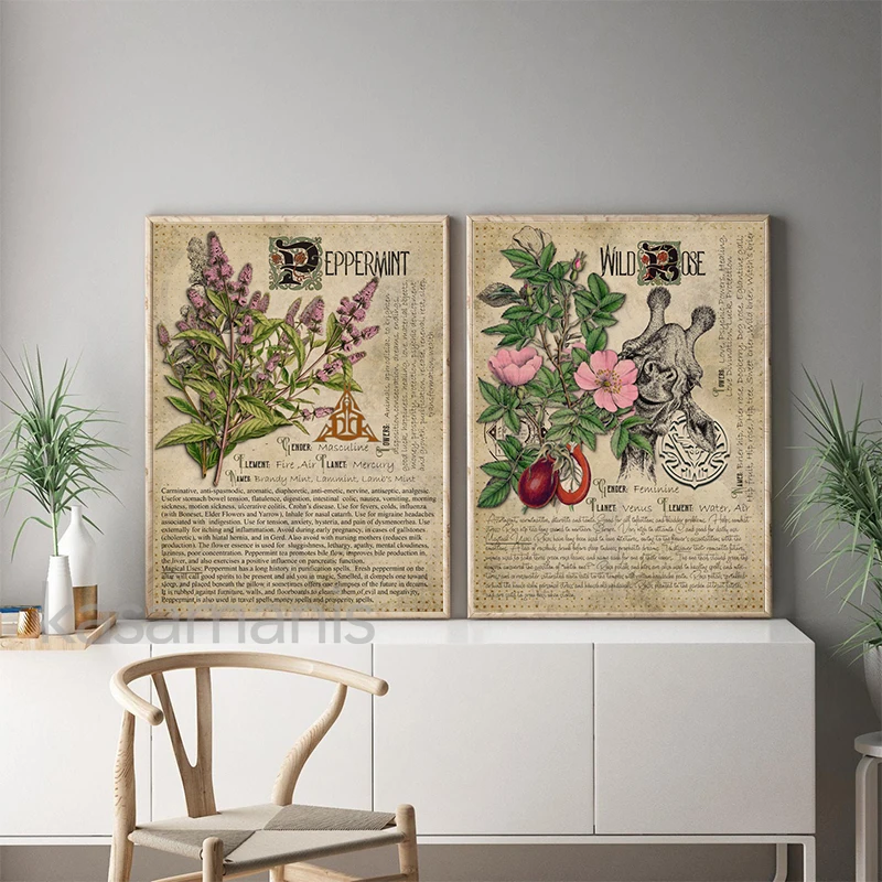 Grimoire Herbal Pages No.1 Art Prints Vintage Witchcraft Posters Book of Shadows Green Witch Canvas Painting Living Room Decor