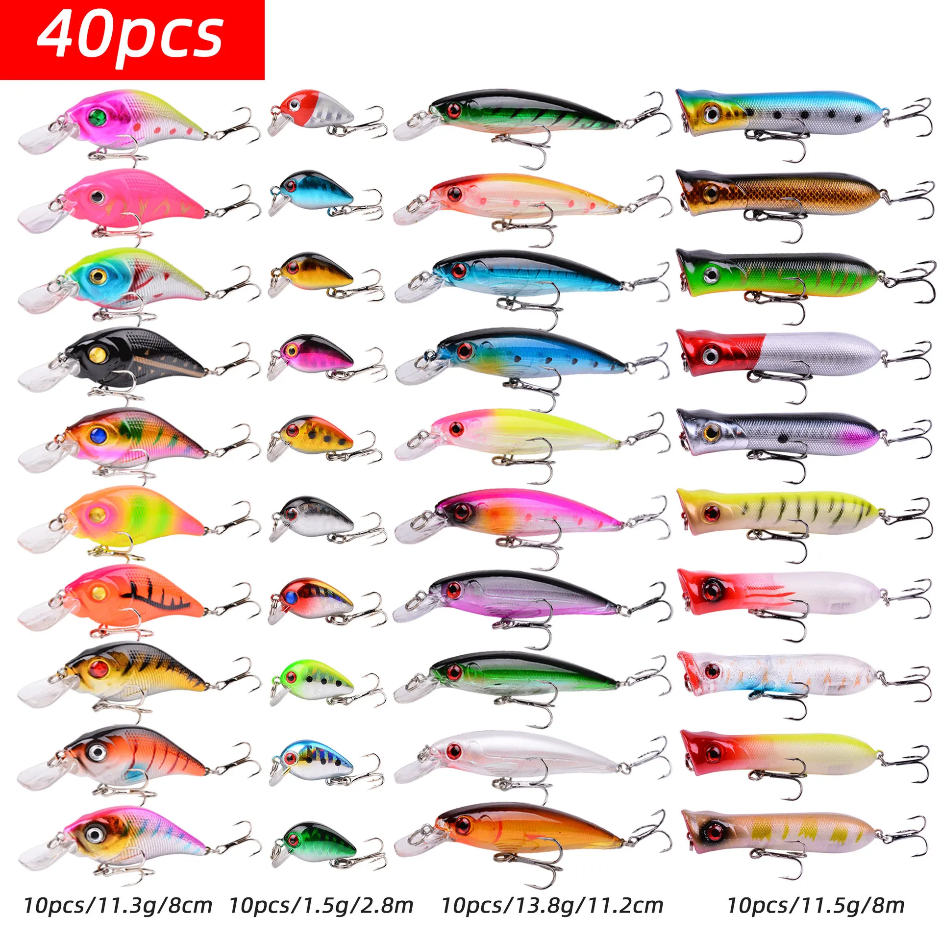 40pcs Classic Minnow Crank Bait Popper Fishing Lures Set Hard Bait Mixed Bass Bait Set Carp Fishing Swimbait Fishing Accessories