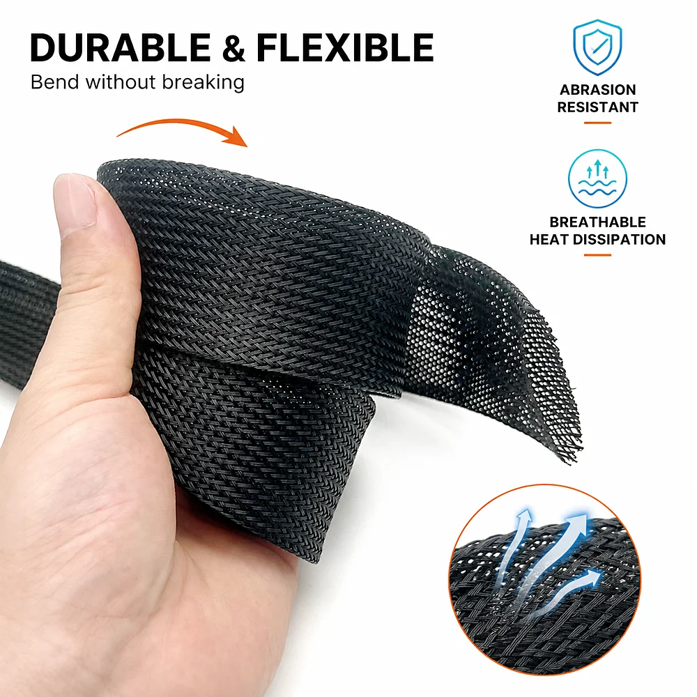 Black Flame-retardant PET Braided Sleeve ID 2-35mm Convenient Threading/Wiring Harness Organization, Insulation Sheath