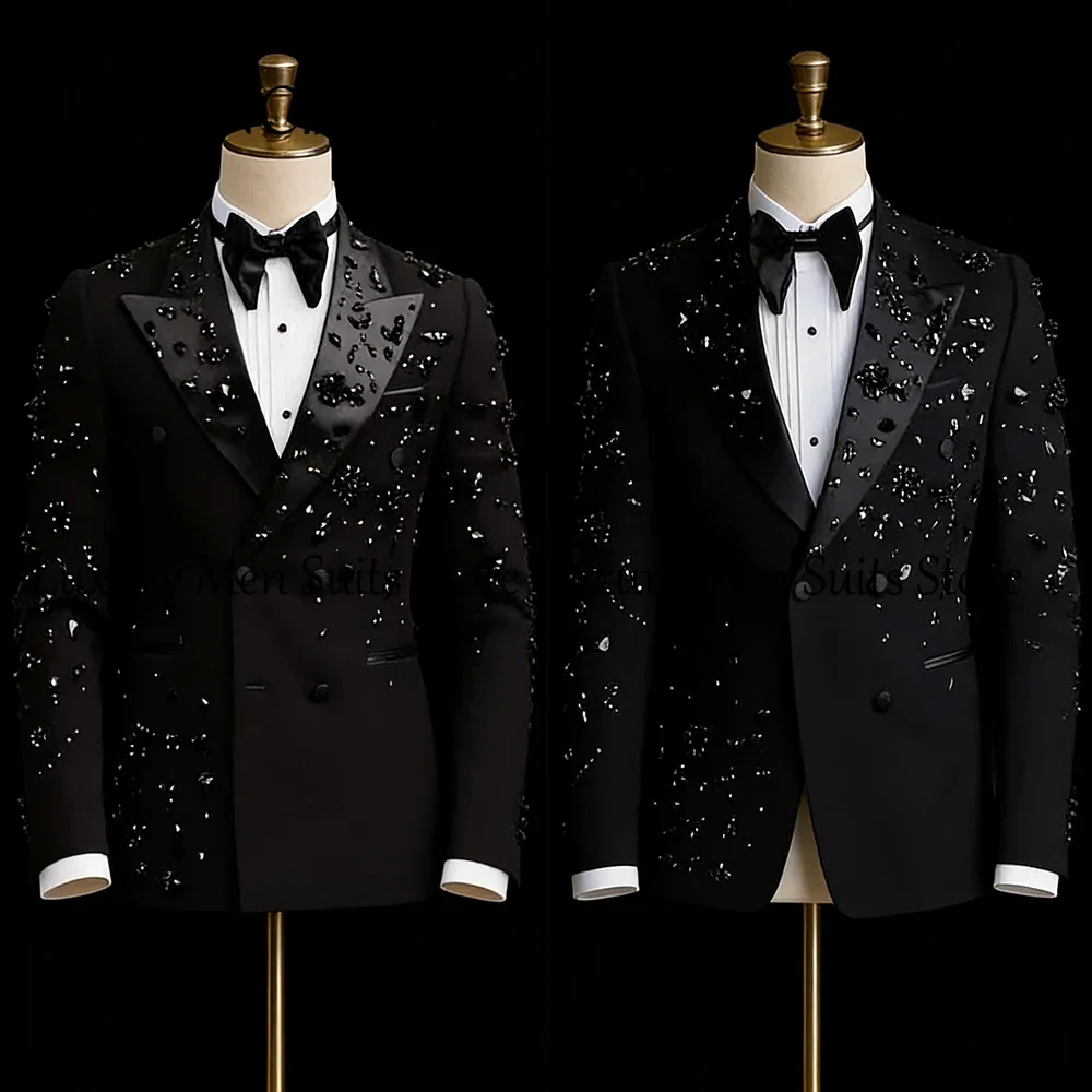 Black Crystals Peak Lapel Blazers for Men Fashion Double Breasted Suit Only Jacket Wedding Tuxedo 1 Piece Formal Evening Gown