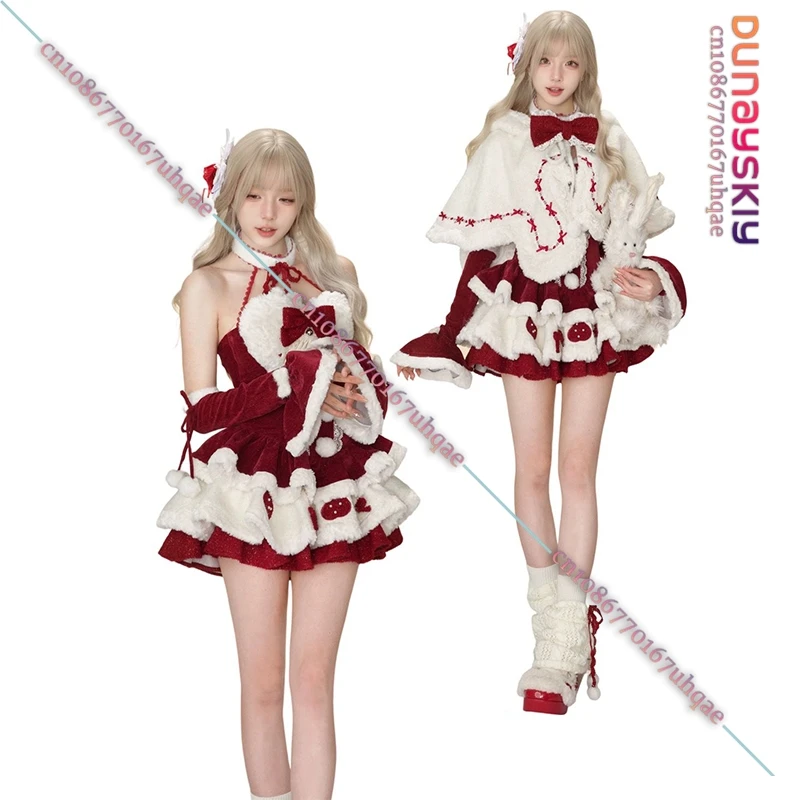 Winter Y2K Kawaii Lolita Dress Cosplay Costume Women Bow Hooded Shawl Short Jackets 2025 Christmas New Year Dresses Suit