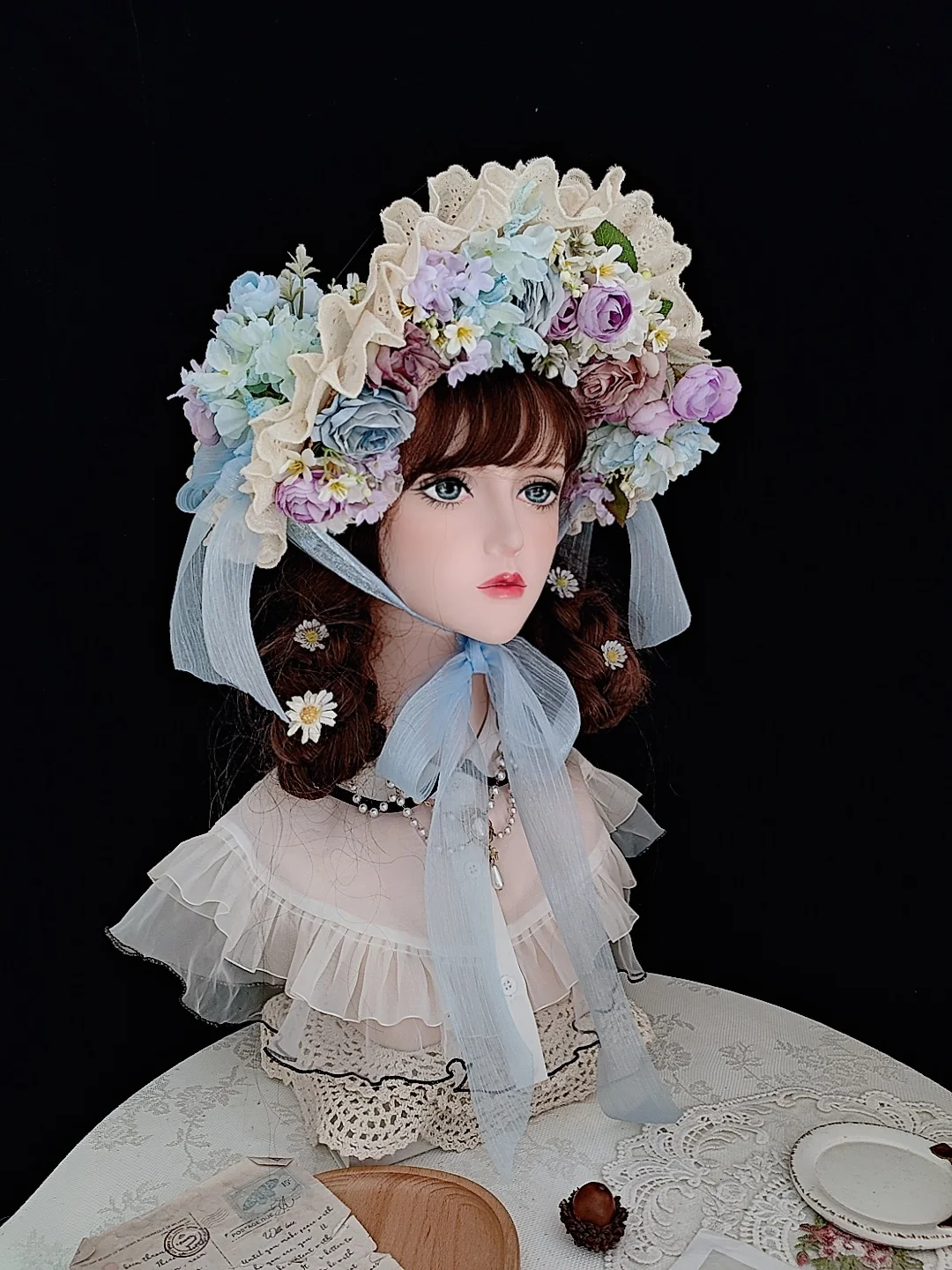 

Handmade Lace Straw Hat Flat Lolita Gorgeous Elegant Tea Party Pastoral French Style Ponette