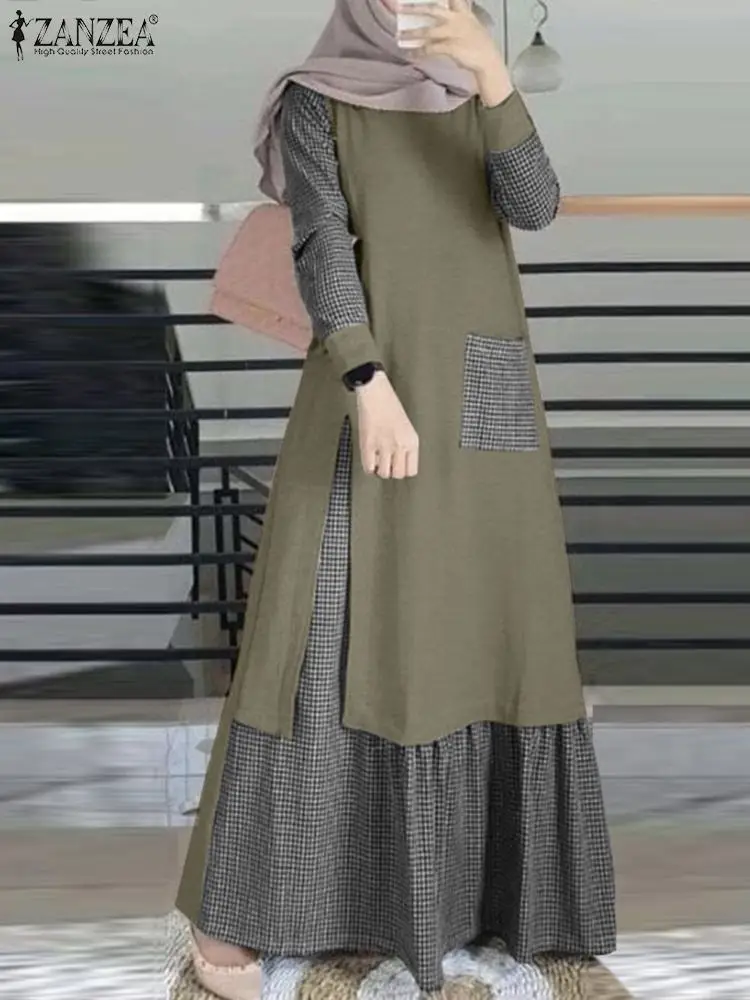 Fashion Patchwork Long Dresses Women Vintage Muslim Checked Dress ZANZEA Overszie Robe Femme Turkey Abaya Long Sleeve Vestidos