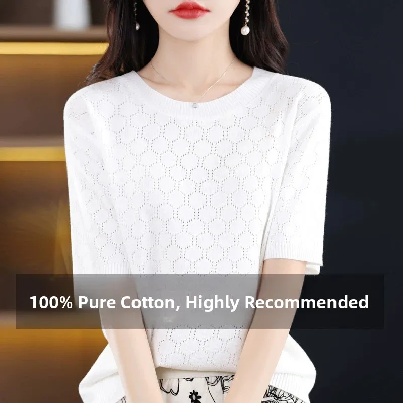 

Женская футболка свободного кроя из 00% чистого хлопка, тонкий универсальный летний топ с вырезами, универсальный летний топ