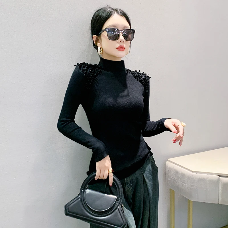 MadBlack, European Warm Sweater, Women Sexy Turtleneck Beading Tops, Long Sleeve Slim Patchwork Pullover, Autumn Winter T40417CC