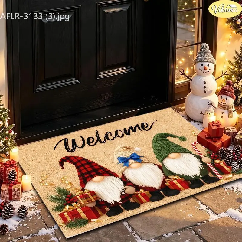 VIKAMA Welcome Gnome Plaid Gift Entryway Rug Non Slip Low Profile Mats for Outside Front Door Xmas Winter Decor Washable