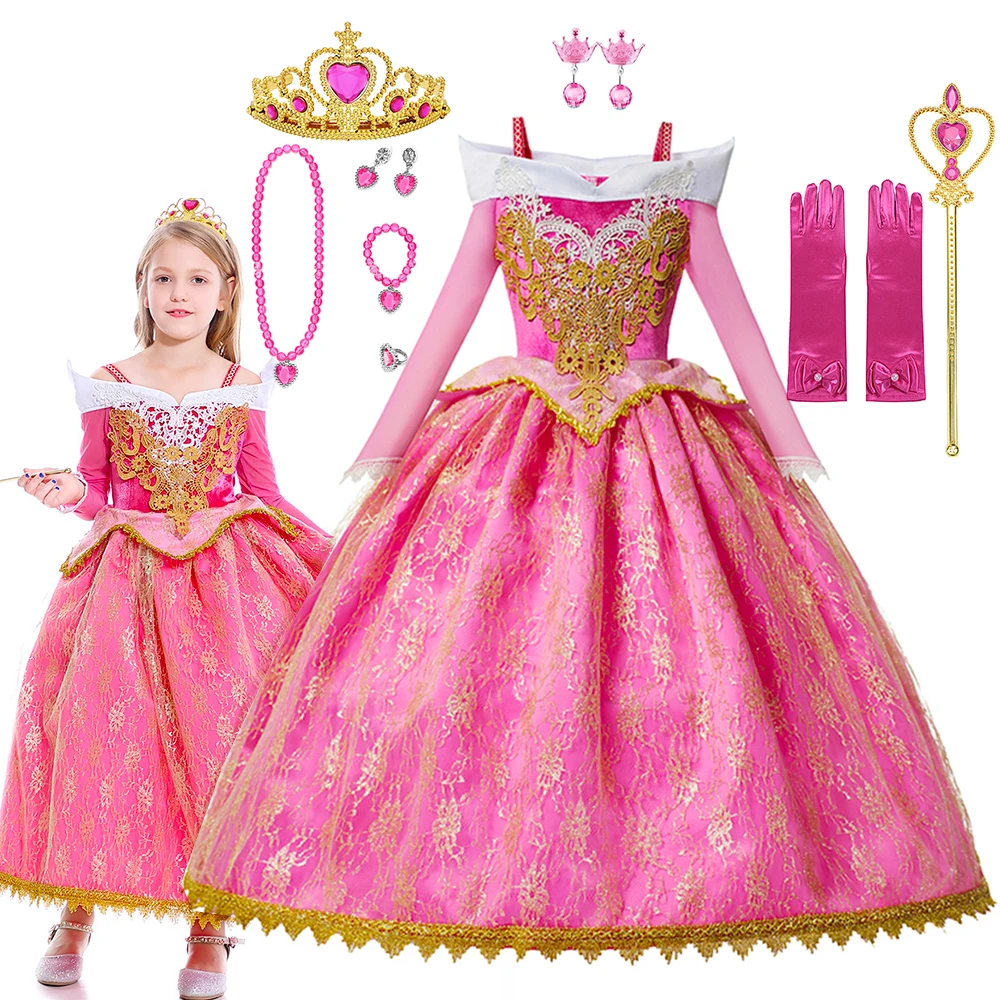 Kids Cosplay Princess Aurora Costume Off Shoulder Luxury Ball Gown Fancy Carnival Party Role Playing Children Clothing Birthday