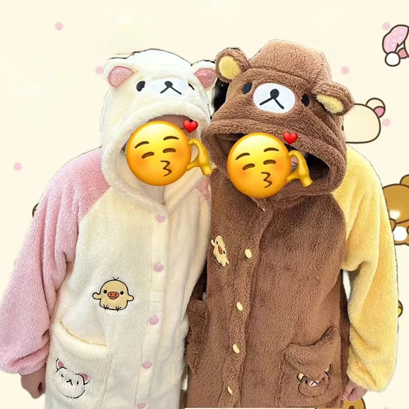 1Rilakkumas Winter Pajama Soft Long Sleeves Piece Pajamas Pants Costume Cute Warm Hoodies Kids Adult Home Wear Nightgown Clothes