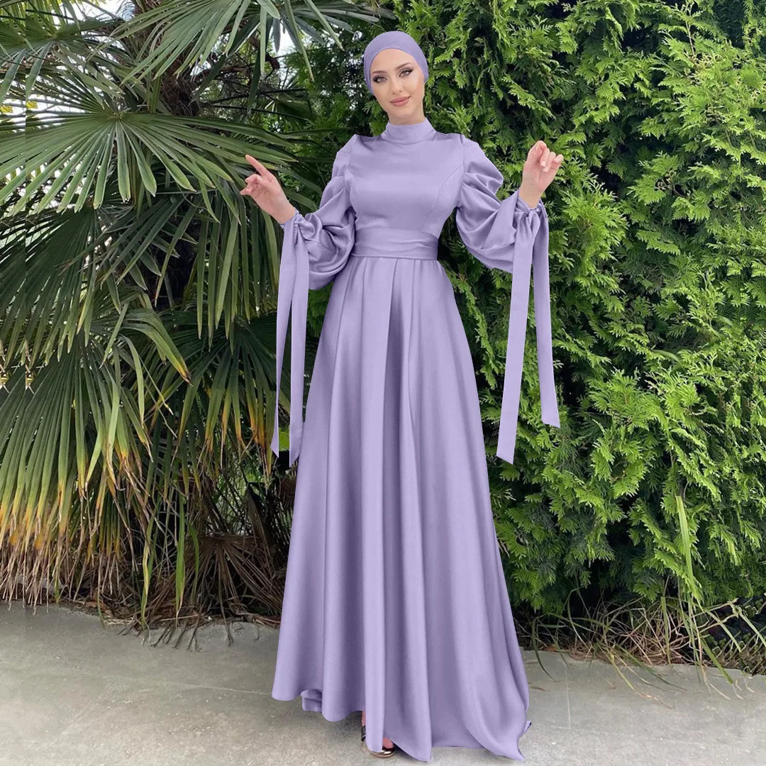 

Muslim Clothing 2023 Women Islamic Satin Dress Arabic Pleated Abaya Dubai Balloon Sleeve Eid Mubarak Turkish Long Dresses Kaftan