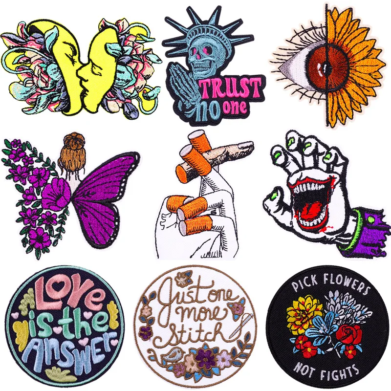 

Hippie Punk Rock Embroidery Patches Flower Butterfly Fingers Iron on Stickers Fashion Chest Badges Clothes Bags Hats Accessories