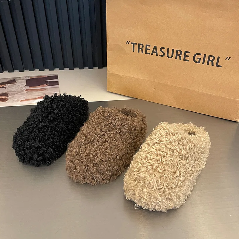 

Luxury wool slippers, winter women's slip-on, flat warm wool slippers