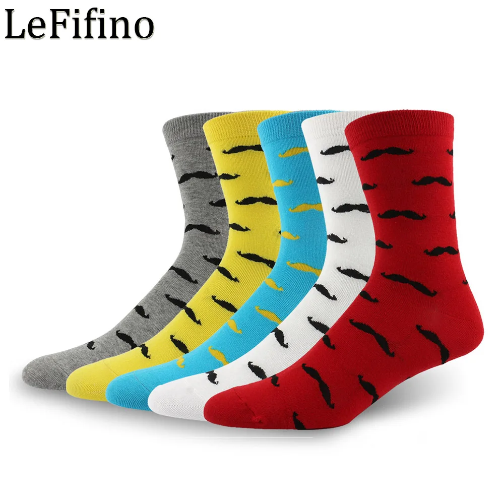 LeFifino Happy Men\'s Socks Funny Mens Dress Socks Novelty Moustache Pattern Long Socks Red Blue Gray White Yellow Beard Le01929