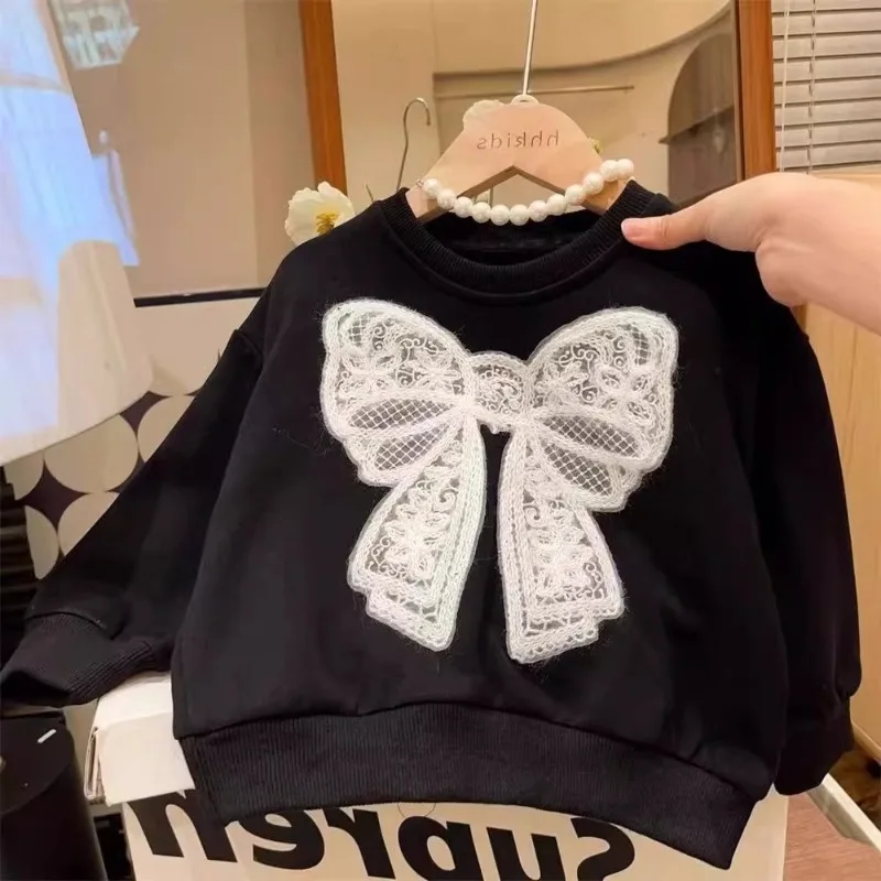 Toddler Baby Girl Big Lace Bow Sweatshirt Casual Infant Cotton Loose Dot Pullover Children Round Neck Long Sleeve Top Clothes