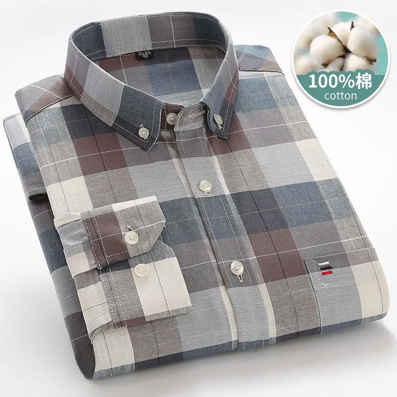 100% Cotton Oxford Cloth men\'s shirt  Business Leisure Plaid Shirt male Long Sleeve Loose plus Size Men\'s Smart Casual Shirts