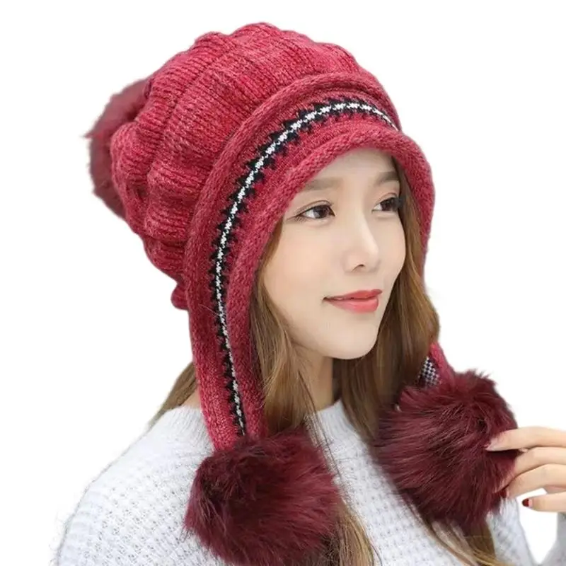Soft Textured Ear Warmer Hat Triple Pompoms Accents For Women Stylish Winter Outfits Daily Activities 6XDA