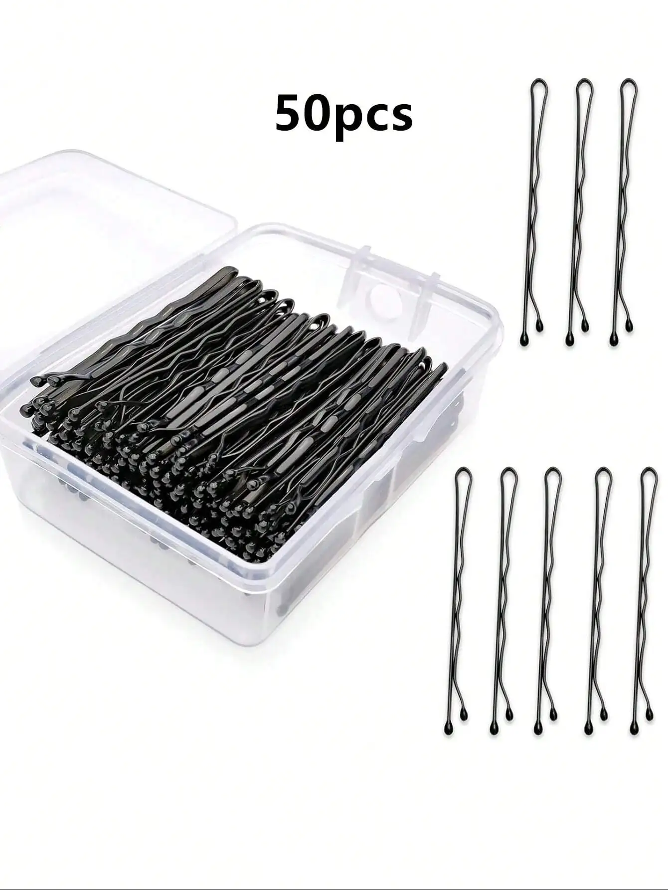 

50pcs Black Crimped Bobby Pins Hairpins With Storage Box For Women
