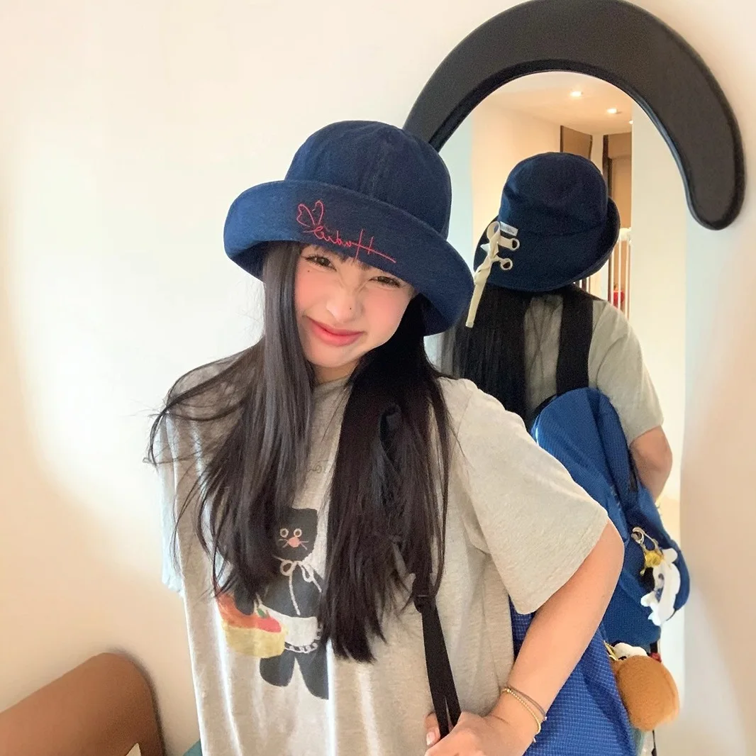 

Ladies' Bucket Hats Korean New Cute Sweet Letter Embroidered Kawaii Casual Cowboy Bucket Hats Large Brim Sunshade Hats For Girl