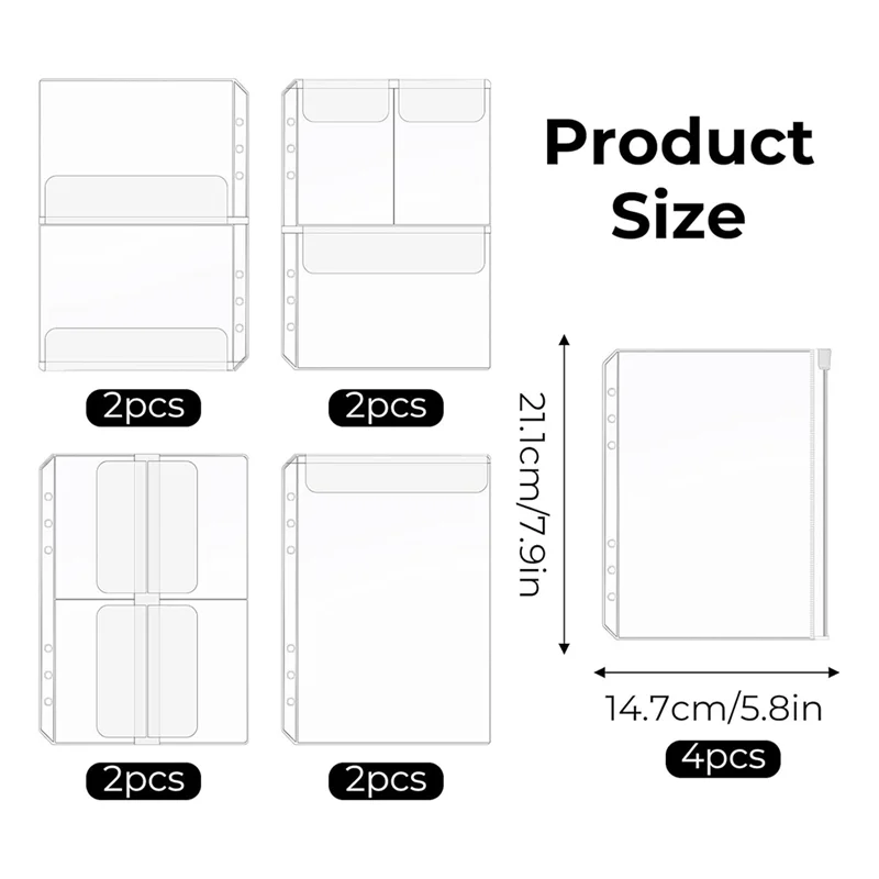 Set di tasche per raccoglitori AT82-A5 (12 pezzi), custodia per raccoglitori a 6 fori Borsa per fogli sciolti in PVC impermeabile Custodia per documenti trasparente con cerniera File Fol