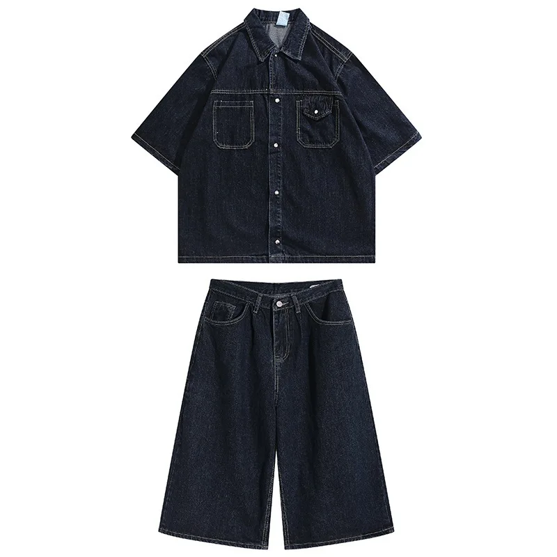 2026 American Retro Denim Suit Men's Summer New Shirt Seven-point Wide-leg Pants Two-piece Set view 4