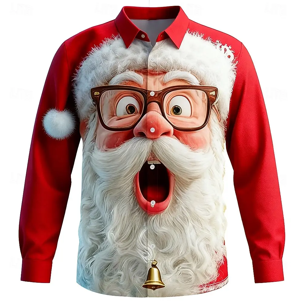 Funny 3D Santa Clause Graphic Men's Shirt Christmas Theme Long Sleeve Button Lapel Shirts Fashion Outdoor Street Casual Clothing