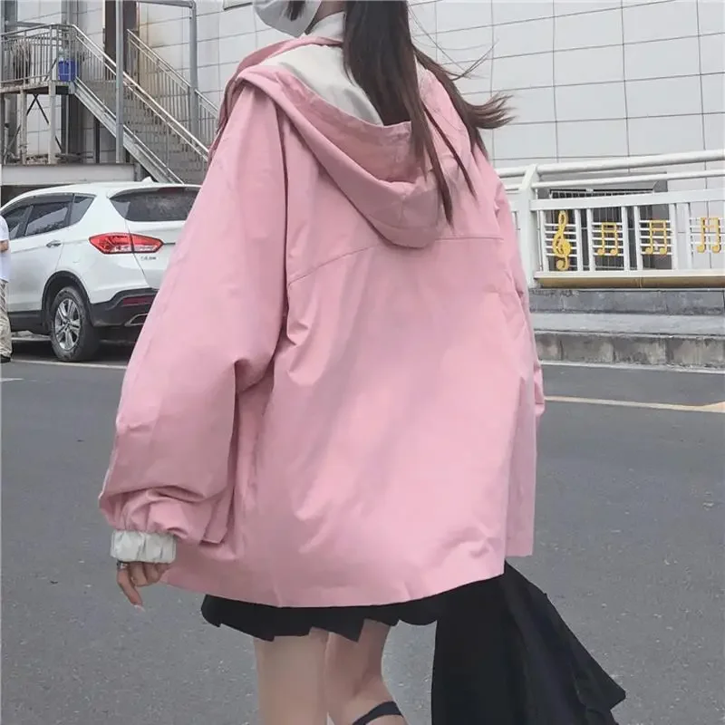 Japanese Preppy Style Oversize Women Jk Loose Sweet Kawaii Outerwear Long Sleeve Harajuku Hooded Coats Y2k Black Cargo Jackets