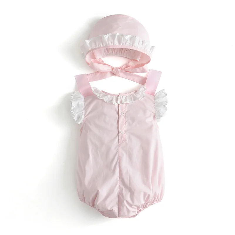 Barboteuse rose avec chapeau pour bébés filles, vêtements d\'été espagnols pour enfants, combinaisons en coton pour nouveau-nés, moteurs, 2024