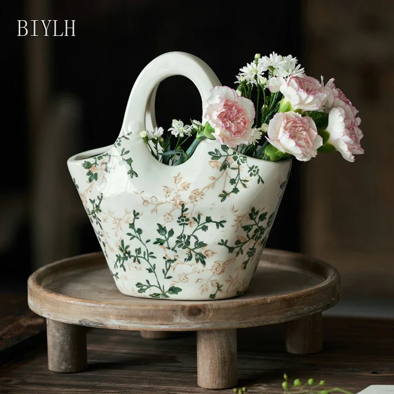 Handbag Bag Ceramic Vase Home Decoration Ornaments Flower Arrangement Hydroponic Plant Vase French Retro Home Garden Flower Pot