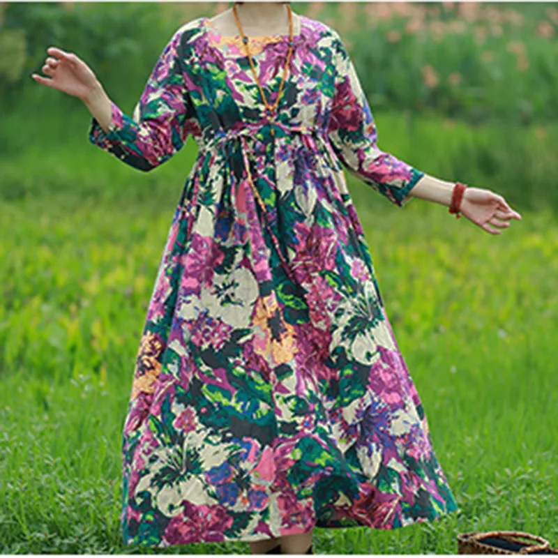 Herbst Baumwolle Leinen Wunderschöne Druck Kleid 3/4 Langarm Frauen Retro Pastoralen Stil Hohe Taille Kordelzug Französisch Boho Maxi Rock