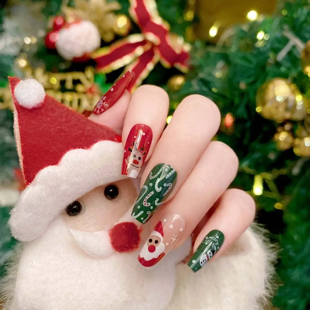 24Pcs/set Christmas Snowflake Christmas False Nails Nail Supplies Elk Pattern Christmas Fake Nails Short Long Shaped