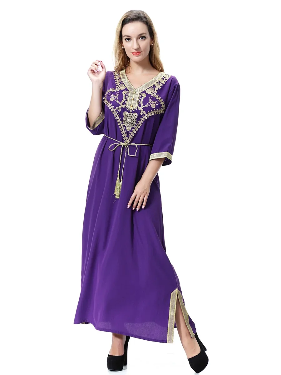 Women Eid Muslim Dresses Ramadan Morocco Half Sleeve V Neck Appliques Vestidos Belt Arab Dubai Kaftan Gorgeous Party Dress