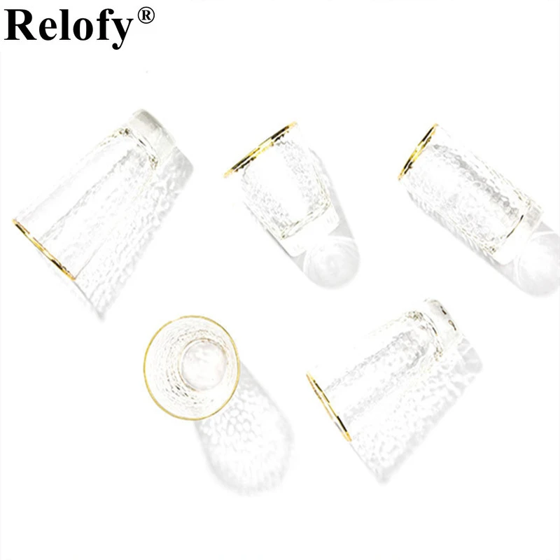 300-430ml Golden Edge Hammer Pattern Transparent Glass Household Water Cup Set Milk Cup Tea Cup Net Red Girl Ins Wine Glass