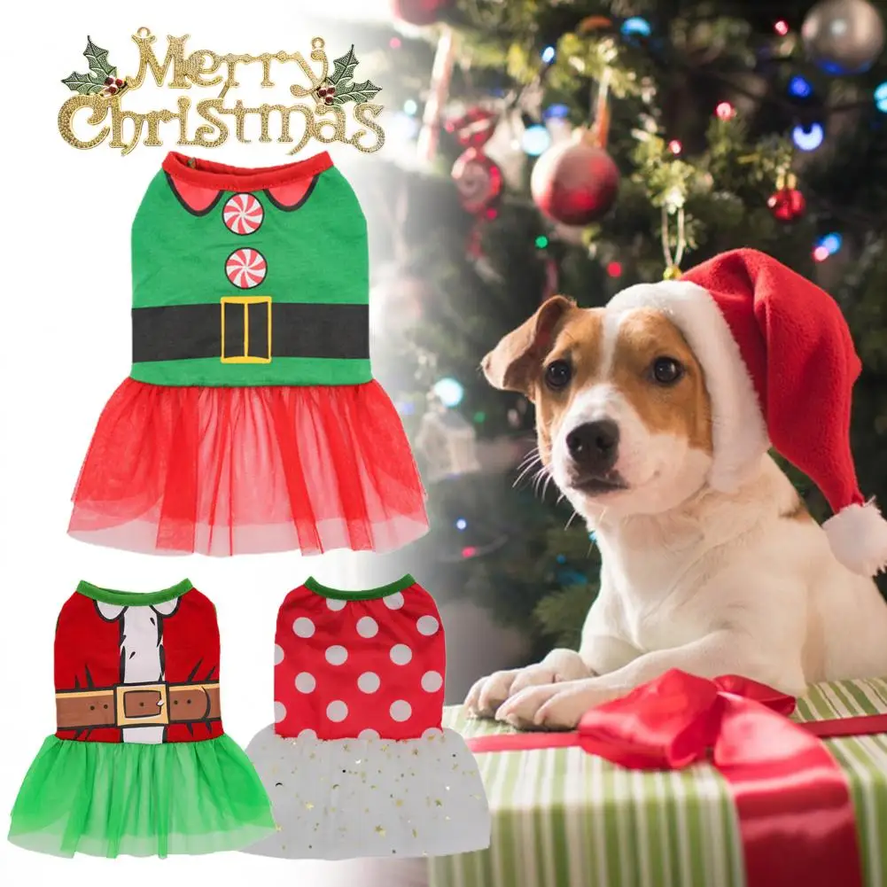 Christmas Dog Dress Mesh Stitching Printed Skirt Outfit Party Dress Up Warm Pet Skirt Winter Pet Two-legged Clothes Pet Costume