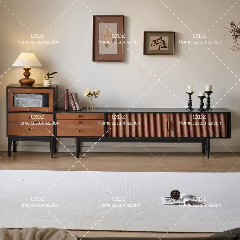 Retro Medieval Style Solid Wood TV Cabinet Simple Floor Standing Luxury Storage Unit for Small Apartment Living Room