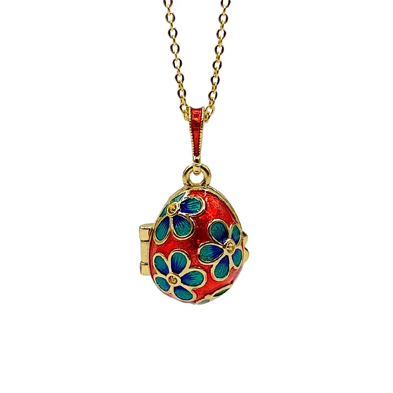 Enamel Blue Flower Faberge Easter Egg Pendant Necklace Jewelry Locket Vintage Angel Inside Christmas Present Thanksgiving Day