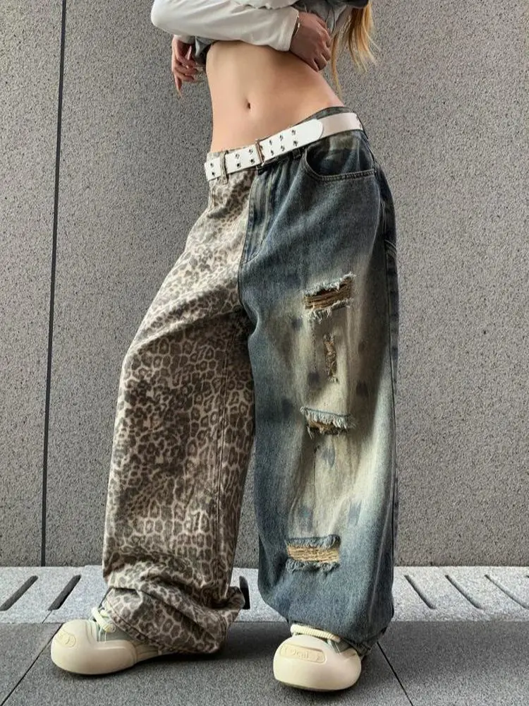 Fashion High Street Destroyed Jeans Pants Streetwear Ripped Denim Trousers With Leopard Patchwork Loose Fit Vibe Style Jeans