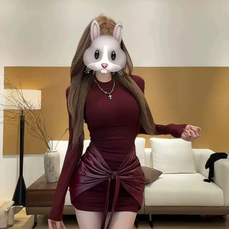 Sexy Tight Waist Dress with Long Sleeves round Neck Outerwear Short Skirt Wrap around Bodycon Dress for Young Women
