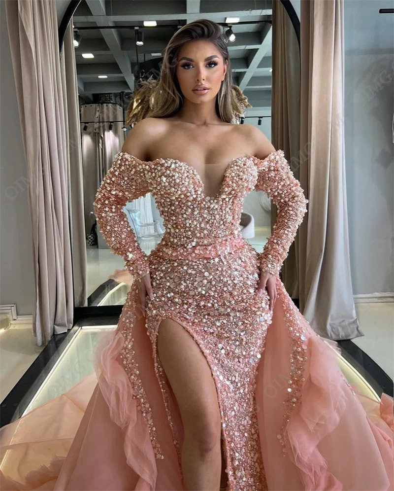 Sparkly Sequin Pink Mermaid Evening Dresses Off Shoulder Long Sleeves Applique Arabic Women Formal Plus Size Prom Gowns Custom