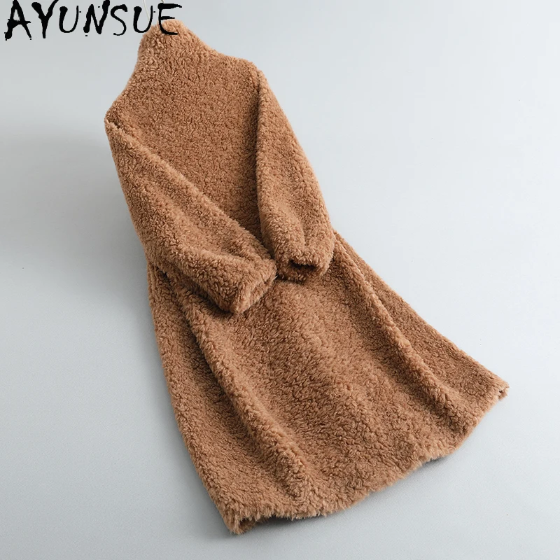 معطف من الصوف الطبيعي 100% من AYUNSUE للنساء ملابس بياقة واقفة معطف فرو مخملي حبيبي متوسط الطول ملابس نسائية كوفتا С ميخيم