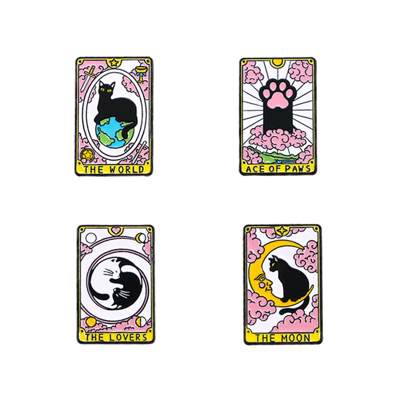 4Pcs 크리 에이 티브 타로 카드 고양이 컬렉션 에나멜 핀 세트 달 연인 세계 에이스 발 새끼 고양이 패턴 애완 동물 브로치
