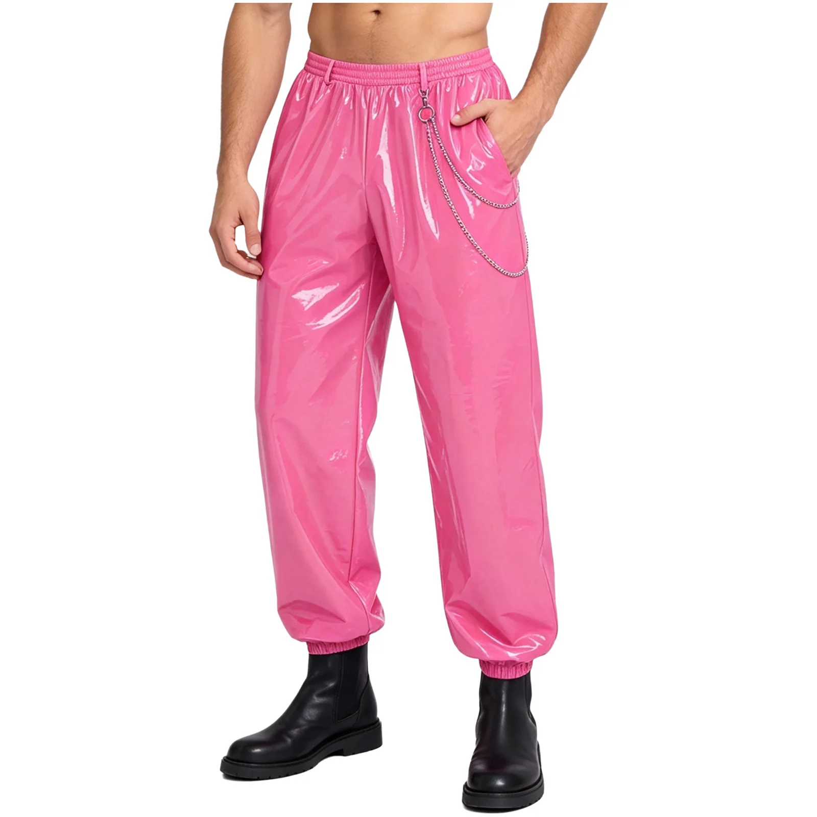 Men Metallic Jogger Pant Metal Chain Waistband Glossy Trousers for Modern Hip Hop Street Dancewear Jazz dance Motorcycle Costume