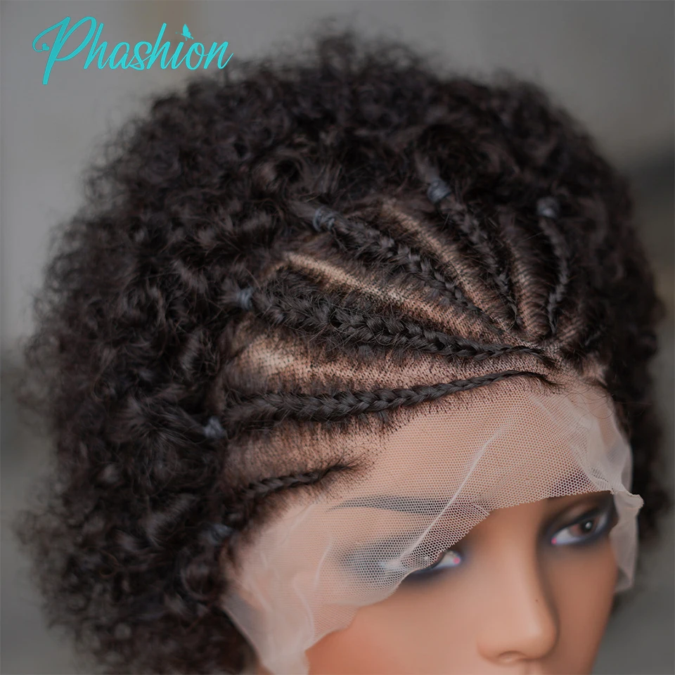 Phashion Short Cornrow Wigs 8 Inches Kinky Curly Afro Braided Wig 13x4 Lace Frontal Braiding Human Hair for Women Wear And Go