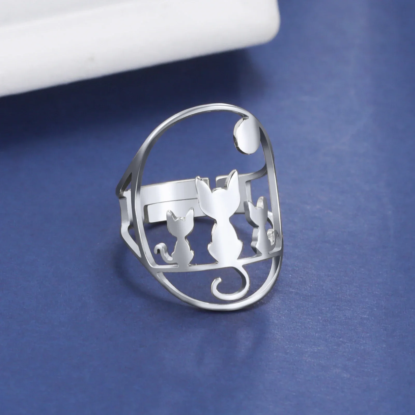 Skyrim Three Sitting Cats Full Moon Rings for Women Stainless Steel Adjustable Animal Ring Jewelry Birthday Gift New In