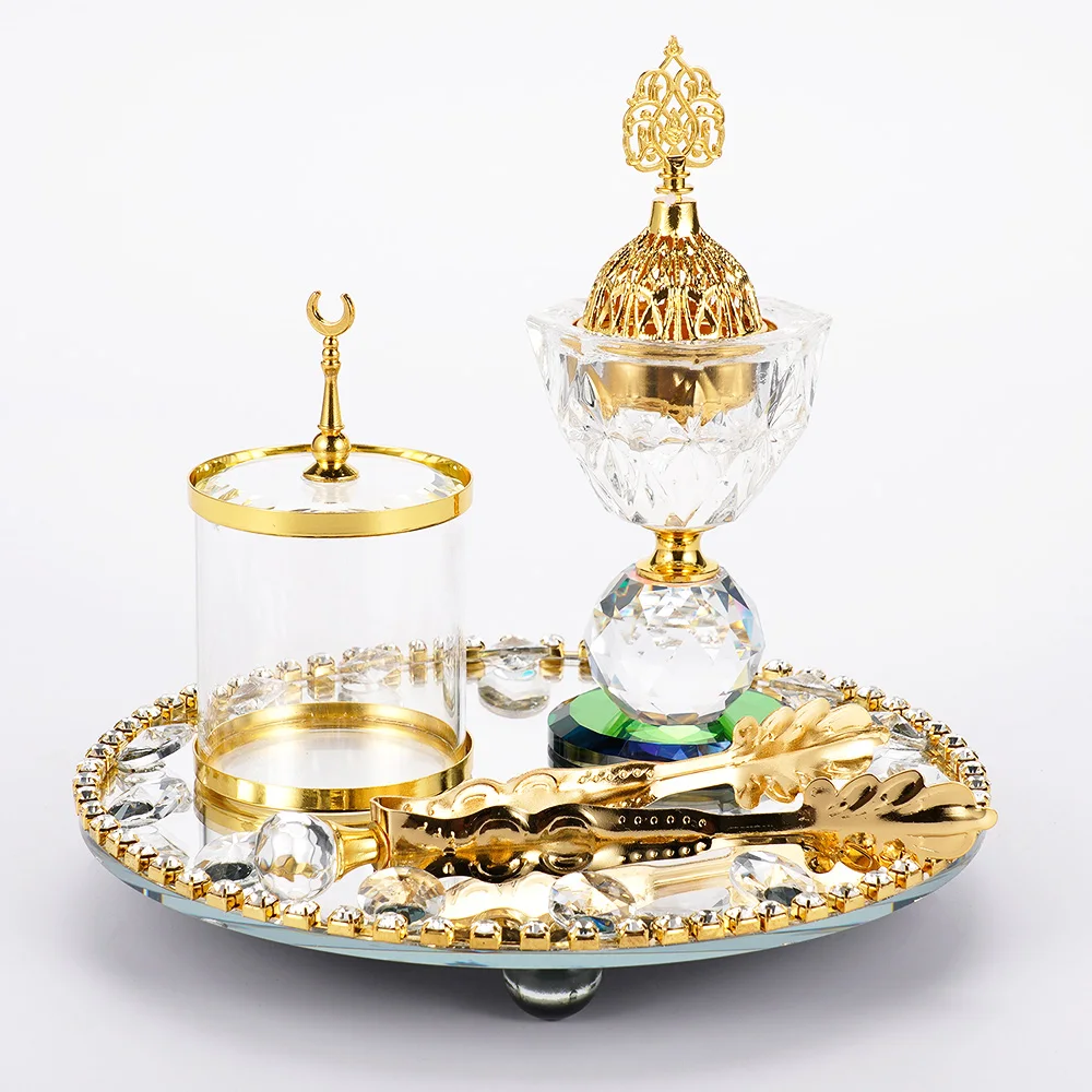 4Pcs Crystal Incense Burner Suit Arabic Muslim Ramadan Crystal Bakhoor Incense Censer Bright Diamond Dubai Home Ornaments