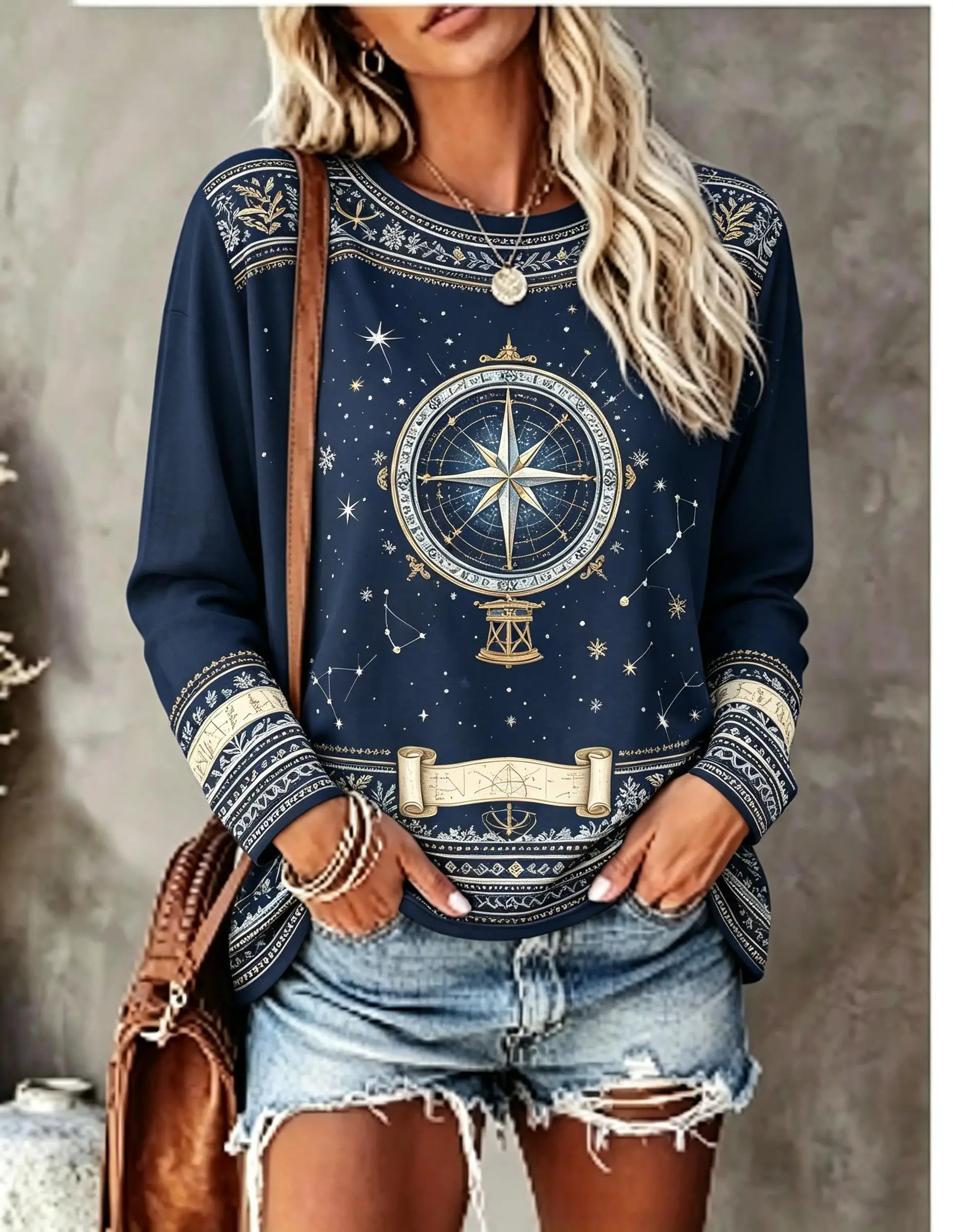 Women Long Sleeve T‑Shirt Boho Cosmic Planet Saturn Telescope Space Celestial Print Crew Neck Casual Tops