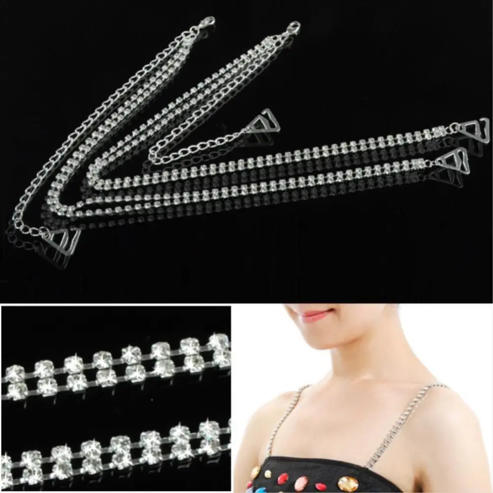 

2PCS 1Pair Ladies' Fashion Bra Accessories Silver Color Double Row Bra Straps Bra Straps Adjustable Belt Shoulder Straps