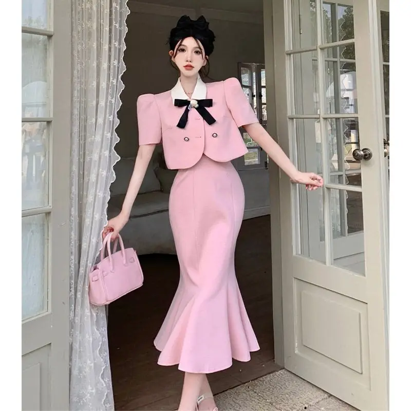 Temperament Short Sleeved Suit Slim Crop Jacket Summer High Pink Mermaid Skirts Womens Two Peice Sets New Shirts