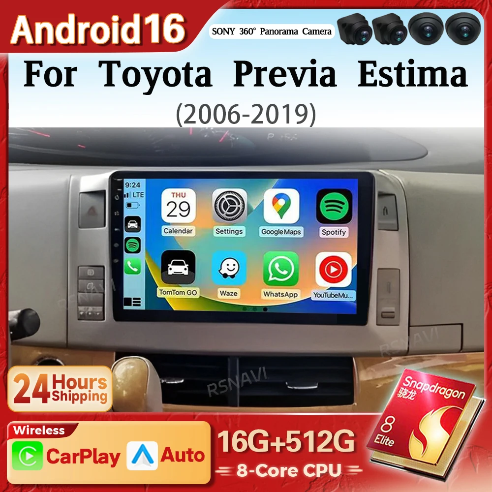 Android 16 Carplay Auto GPS Car Radio Multimedia Player For Toyota Previa 3 III XR50 Estima 2006 - 2019 Autoradio Snapdragon BT