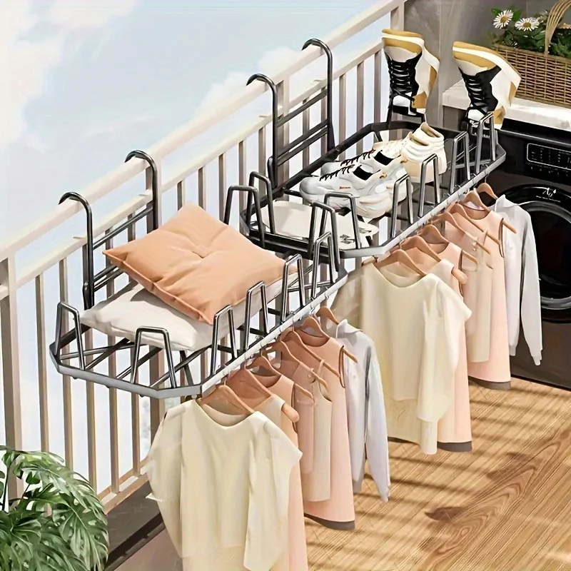 

Freestanding Metal Drying Rack - Space-Saving 2-Tier Shoe & Clothes Organizer for Bathroom & Balcony, Heavy-Duty Steel Frame